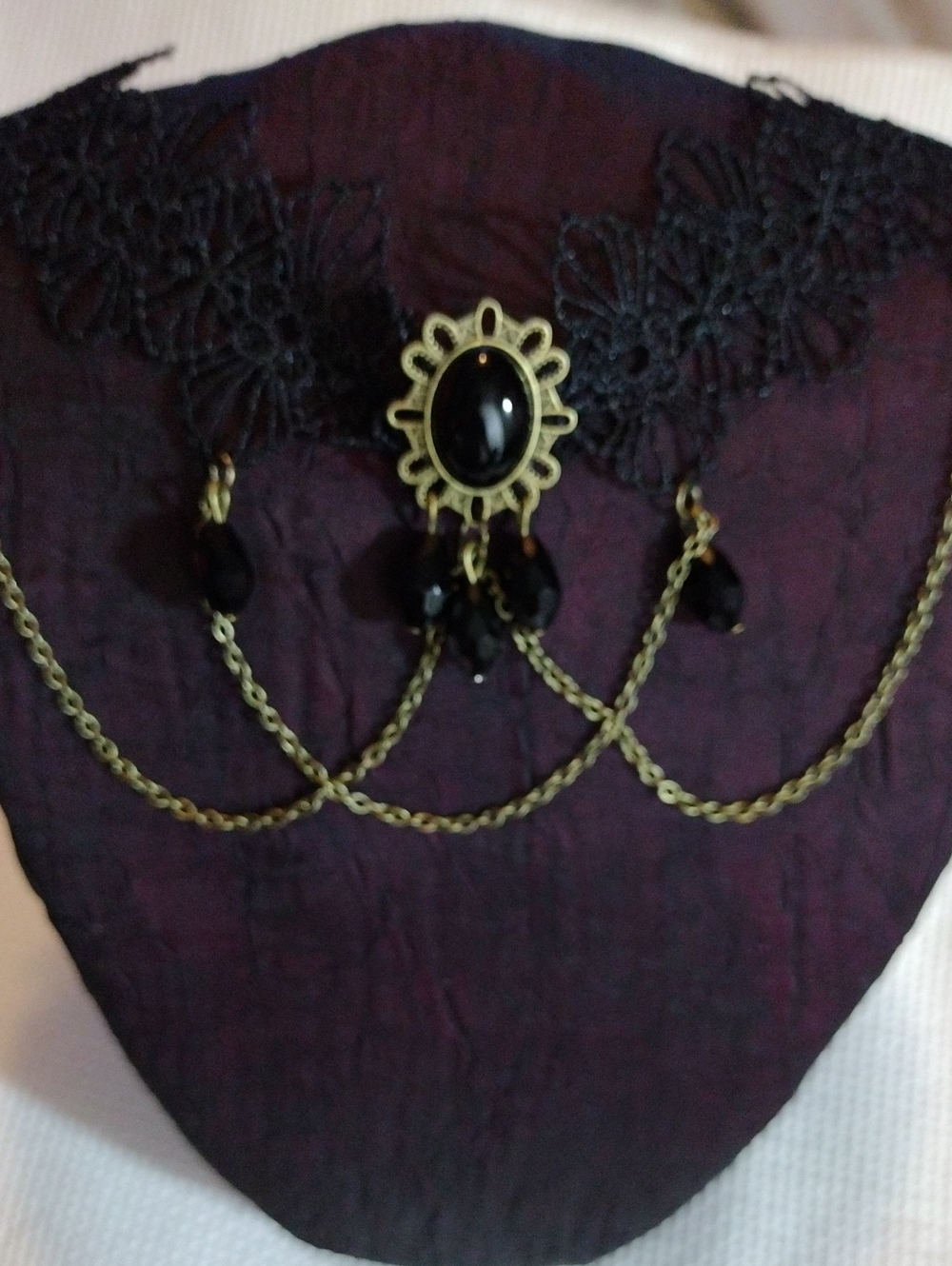 9"+,Black Vintage Lace Choker Necklace with Gold Chains